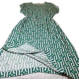 Boden Short Sleeve Column Midi Dress Sz 14 Bright Emerald Azure Geo Bold Classic